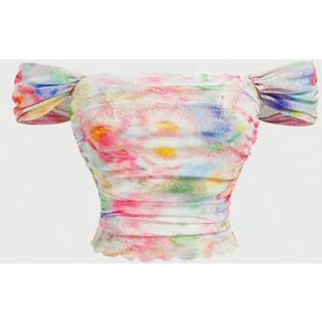 SHEIN Off-Shoulder Butterfly Sleeve Waist Shirred Tie-Dye Print Blouse, Rave,Concert ,Graduation ,Romantic ,Festival,Party,Tea Party ,Modest ,Floral,Club Ou