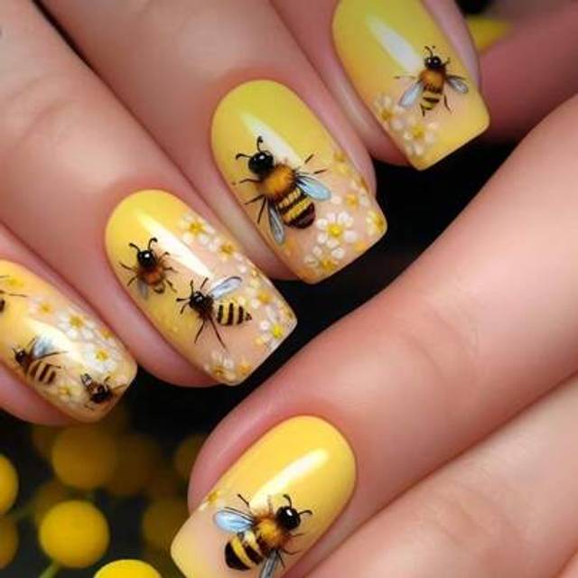 SHEIN Instantly Upgrade Your Look With 24pcs Medium Square Press On Nails Set Fashion Cute Black Yellow Bee White Yellow Flower Yellow Nail Elegant Bee Hone