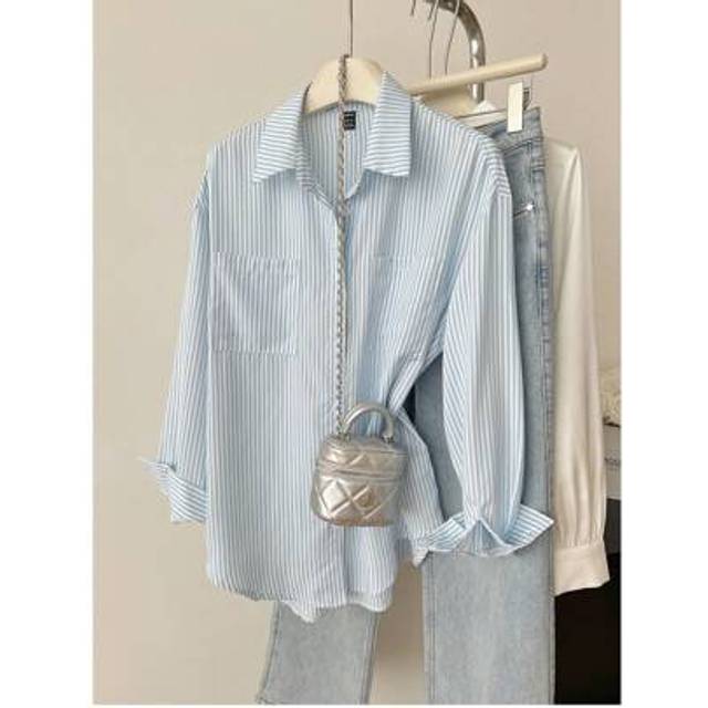 Flirla Striped Print Pocket Front Button Long Sleeve Casual Office Shirt