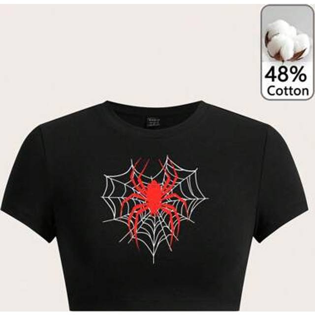SHEIN Casual Heart & Spider Web Printed Cropped Fitted Crew Neck Cotton Blend Baby Tee