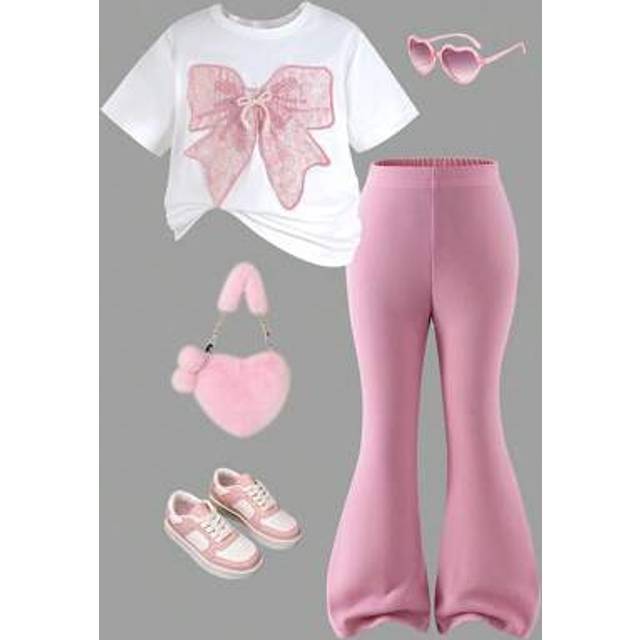 SHEIN 2pcs/Set Toddler Girls Casual White Short Sleeve Bow T-Shirt And Pink Bell-Bottom Pants Summer Outfit