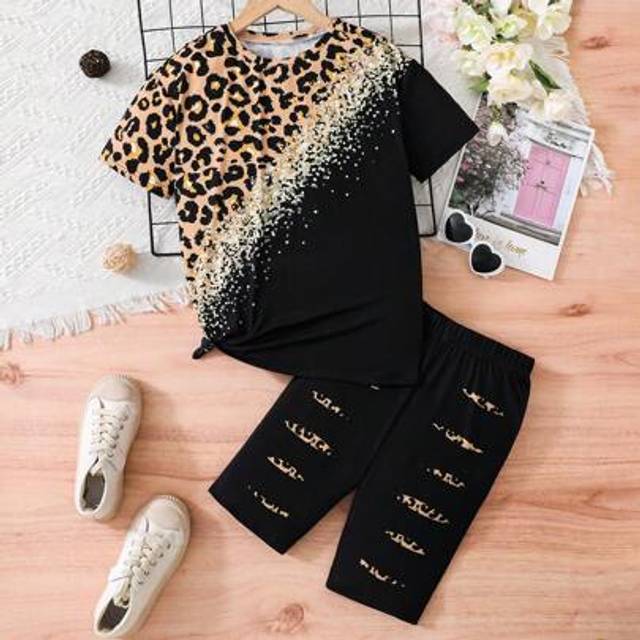 SHEIN Tween Girl Leopard Color Block Short Sleeve T-Shirt & Cycling Shorts Set