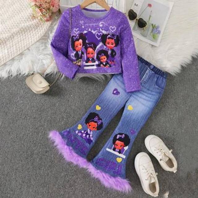 SHEIN Young Girl Casual Fashion Raglan Sleeve Short Crop Top & High Waist Jeans Printed Flare Pants 2 Pieces Set, Suitable For Spring And Autumn