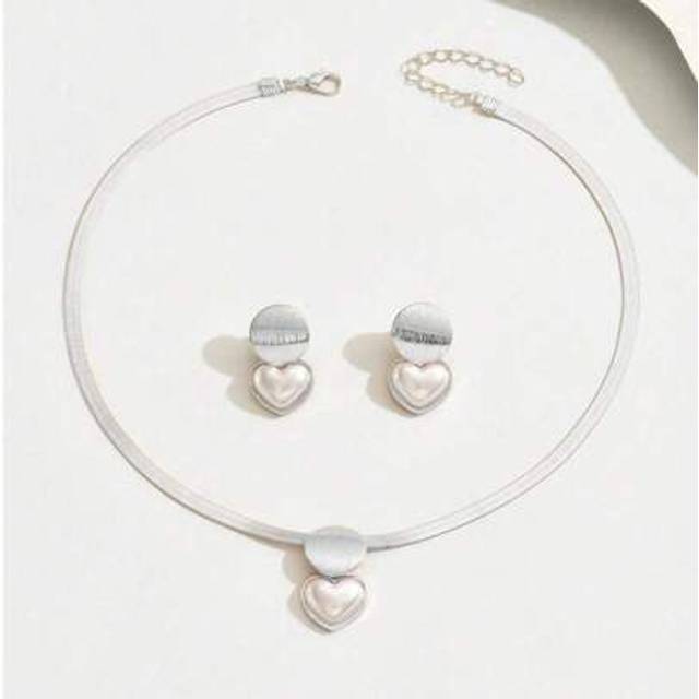 SHEIN 3pcs Set Elegant Fashion Versatile Textured Collarbones Heart-Shaped Pearl French Vintage Jewelry Set