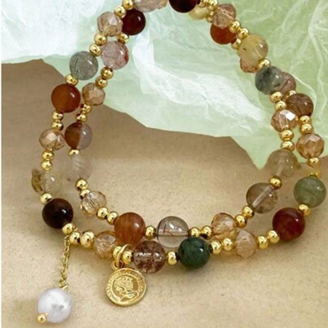 SHEIN 1Pc Vintage Double Layered Crystal Pearl Beaded Bracelet For Women Natural Stone Beads Wrap Bangle Bracelet Jewelry Gifts (Bead Color Random)