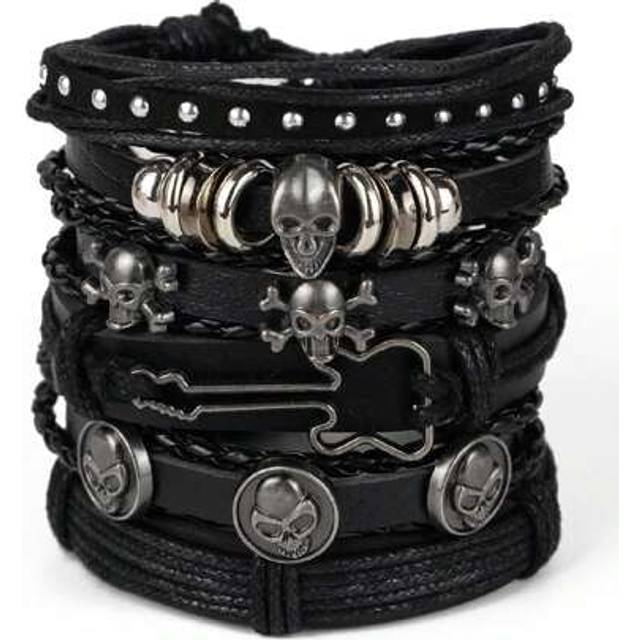 SHEIN 6pcs/Set Punk Style Gothic Skull Guitar Shaped Decor Metal Accents PU Leather Woven Multi-Layer Bracelet, Suitable For Men Daily Wear And Halloween