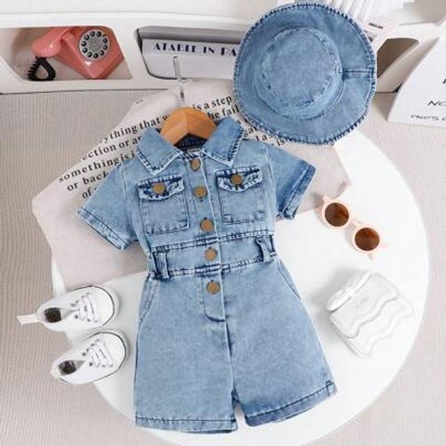 SHEIN Infant (Girl) Elegant Fashion Casual Simple Denim Short Sleeve Romper Paired With Bucket Hat, Summer Outfit Clothes Baby Baby Girl Clothes Infant Deni