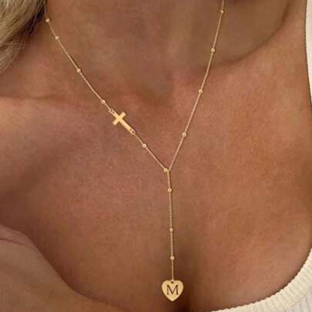 SHEIN 1pc 18K Gold Plated Stainless Steel Letter Elegance Heart Punk Cross Charm Chain Y Necklace, Minimalist 26 English Alphabet Pendant Necklace For Women