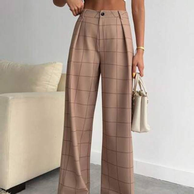 SHEIN Elegant Ultra High Waist Plaid Wide-Leg Pants â Timeless British-Inspired Tailored Design With Chic Dark Brown Button And Sophisticated Front Pleat