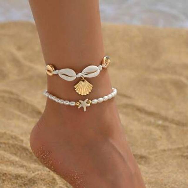 SHEIN 2pcs/Set Beach Resort Pearl Starfish Beaded Anklet, Summer Island Style Shell Braided Gold Metal Alloy Shell Pendant Women Foot Jewelry For Beach, Tra