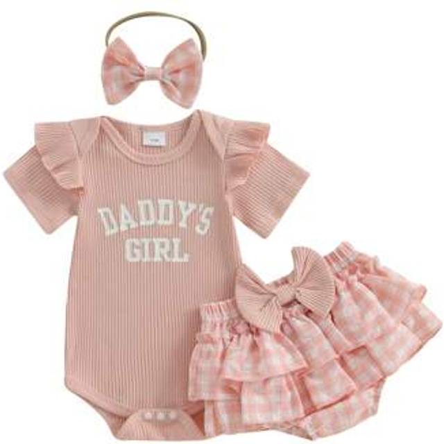 SHEIN Baby Girls Shorts Set, Short Sleeve Letters Print Romper Plaid Shorts With Hairband Summer Outfit