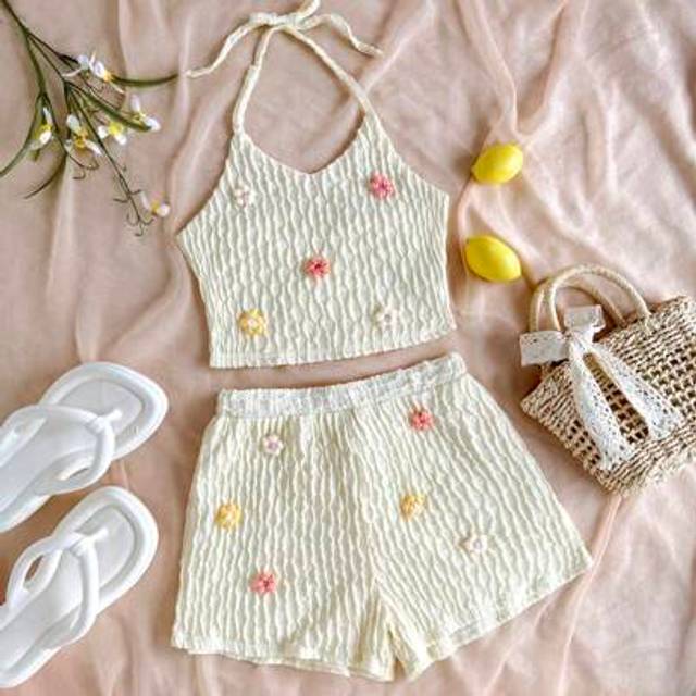 SHEIN Tween Girl Apricot Knitted Texture V-Neck Spaghetti Strap Top With Open Back And Elastic Waistband Shorts, Back To School Clothes Casual Tween Girl Dr