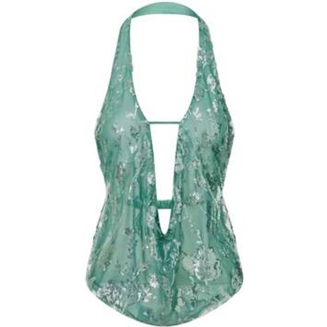 SHEIN Women&#39;s Summer Halter Tank Tops Sequin Floral Sleeveless Backless Slim Fit Vest Elegant Blouse