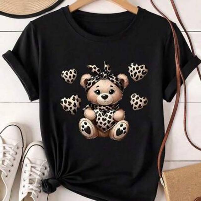 SHEIN Plus Size Women&#39;s Cute Leopard Bear & Bowknot Bear Print Casual T-Shirt, Spring/Summer