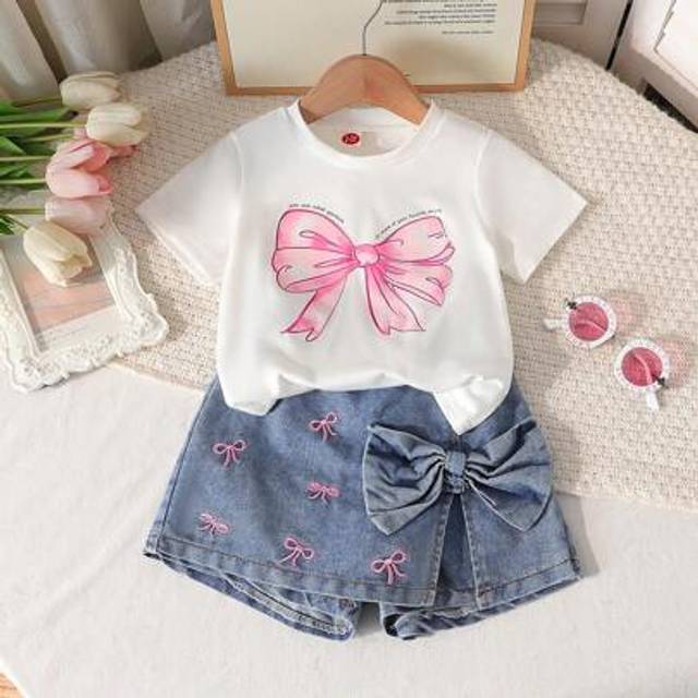 SHEIN Girls Cute Bow Print Round Neck Top + Fashion Bow Embroidered Skirt Pants 2pcs Set
