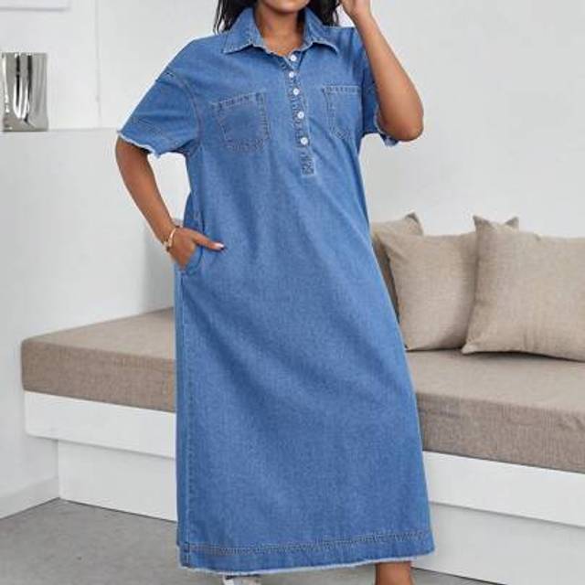 SHEIN Plus Size Long Denim Casual Short Sleeve Dress, Blue Summer Vacation Outfits Woman 90s Clothes Spring Outfits For Women Y2k Clothes Cowgirl Outfits Fo