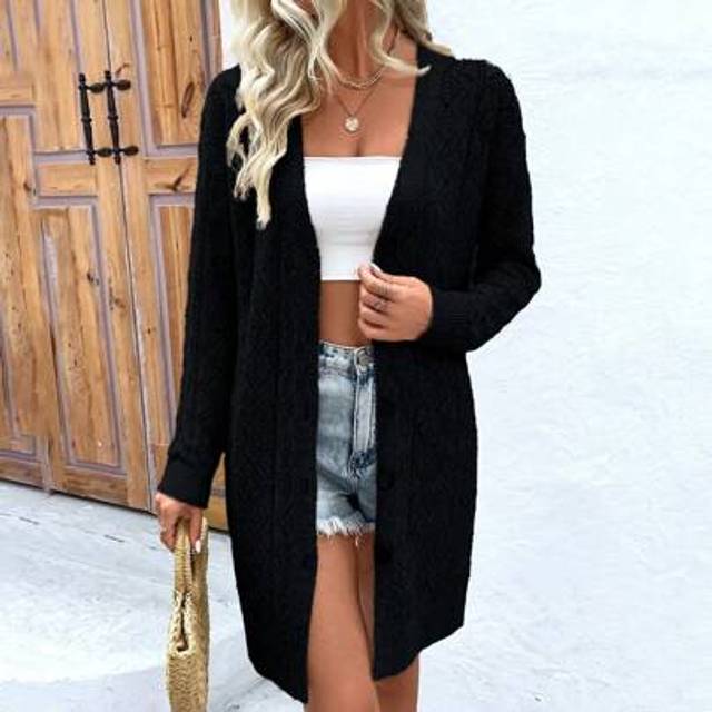 SHEIN Ladies&#39; Simple Solid Color Daily Long Sleeve Cardigan With Button,Long Sleeve Tops