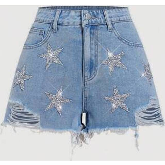SHEIN Women&#39;s Ripped Stars Pattern Pocket Frayed Hem Fashion Denim Shorts