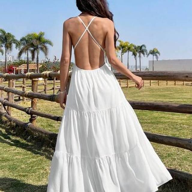 SHEIN White Bohemian V-Neck Backless Graduation Dress, Summer