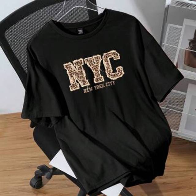 SHEIN Plus Size NYC Leopard Print Graphic Round Neck Short Sleeve T-Shirt, Casual Pullover Tee For Plus Size