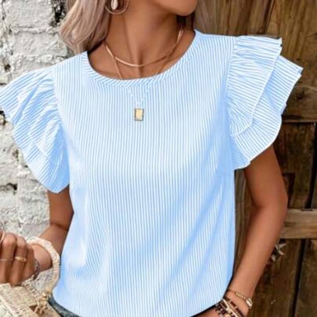 SHEIN Women Striped Ruffle Trim Round Neck Short Sleeve Blouse