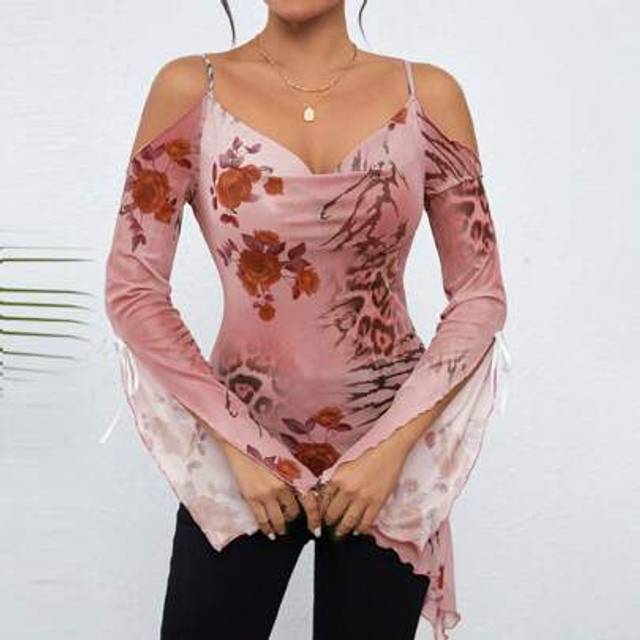 SHEIN Knit Mesh Printed Blouse, Fashionable For Women Summer