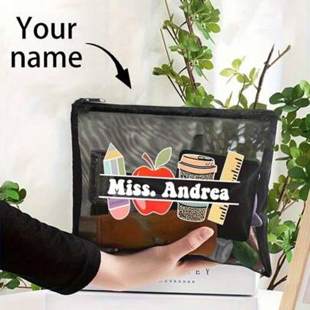 SHEIN 1pc Mesh Custom Name Thank You Teacher Personalized Gift Mesh Makeup Bag, Ladies Purse, Canvas Travel Toiletry Bag, Cosmetic Organizer Case, Back To S