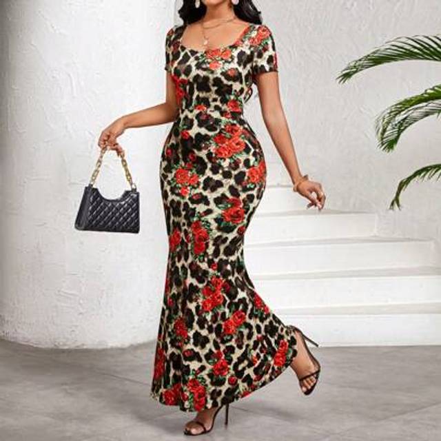 SHEIN Women&#39;s Elegant Leopard & Floral Print Cinched Waist Fishtail Hem Dress, Summer Birthday&Event Dresses /Office Dresses /Church Dresses/Wedding Dresses