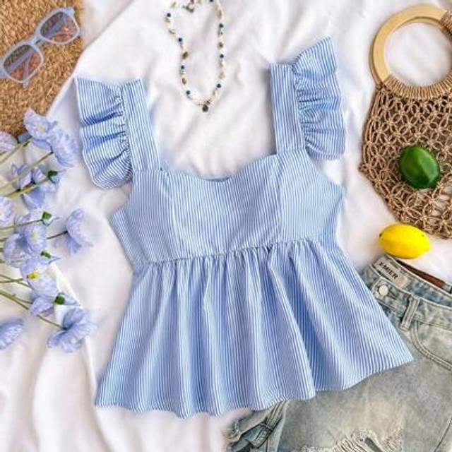SHEIN Teen Girls Vacation Square Neck Loose Babydoll Top, Blue Floral Square Neck Babydoll Top With Flutter Sleeves/Cute/Elegant/