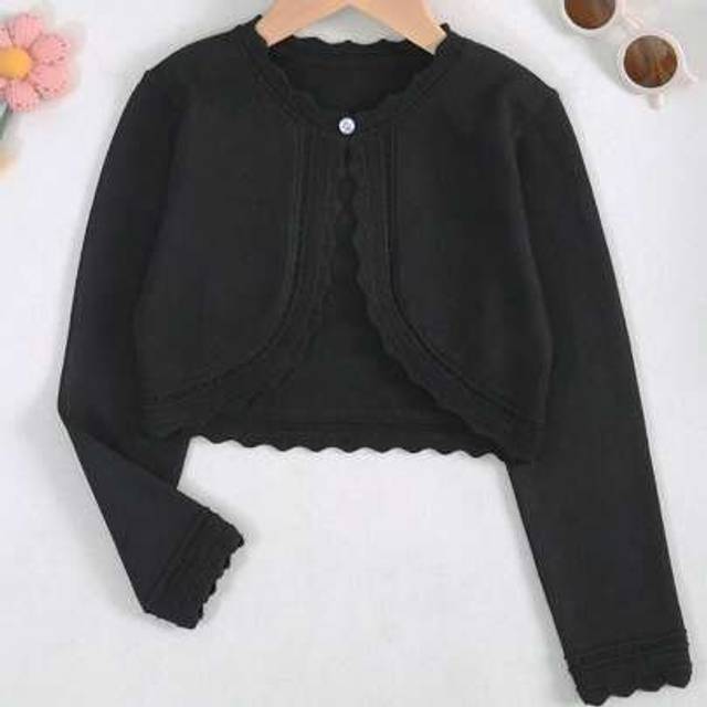 SHEIN Young Girls&#39; Elegant Solid Color Long Sleeve Hollow Out Knitted Cardigan, Autumn
