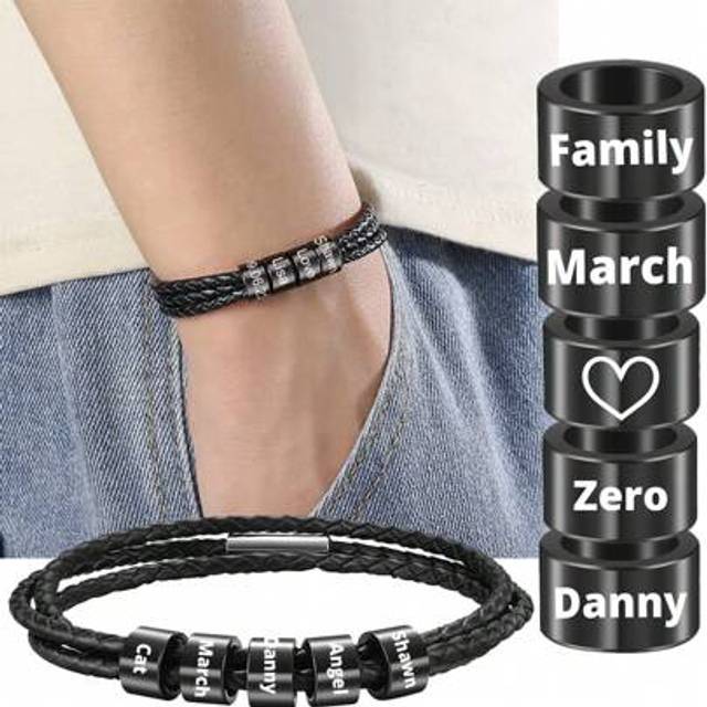SHEIN Customized Family Name Bracelet For Men, 3-Layer Black Leather Magnetic Bracelet, 20cm/22cm, Gold/Silver Color, Personalized Stainless Steel Beads, La