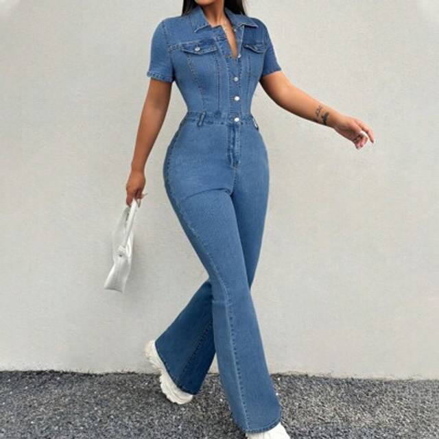 SHEIN Women&#39;s Denim Jumpsuit, Skinny Long Flared Pants, Short Sleeve Sexy Stretchy Black