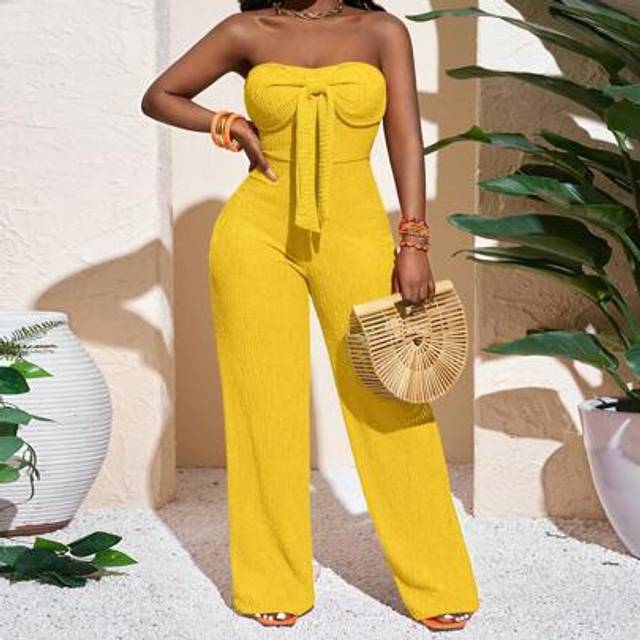 Slaydiva New Spring And Summer Casual Vacation Sexy And Elegant Tube Top Bowknot Straight Wide Leg Super Long Pants Orange Ribbed Knitted Women&#39;s Jumpsuit