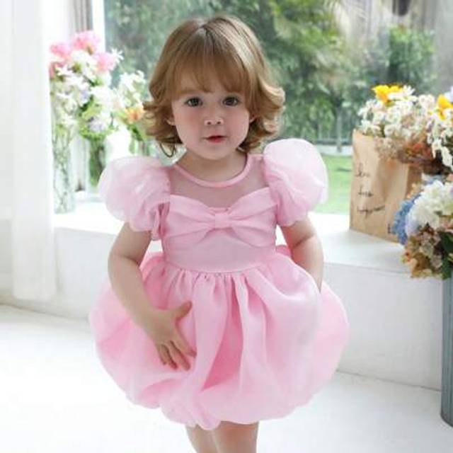 SHEIN Baby Girls&#39; Bowknot Puff Sleeve Tulle Elegant Princess Dress, Suitable For Girls&#39; 1st Birthday Gift, Party, Wedding, Flower Girl, School Performance,