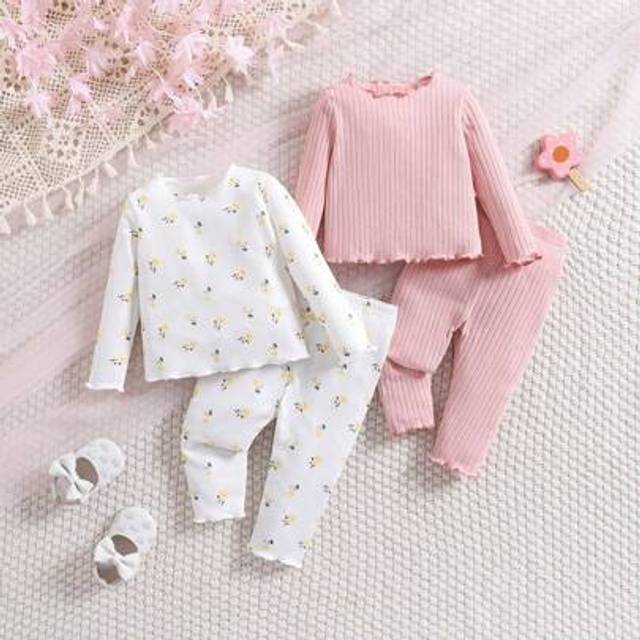SHEIN 4pcs/Set Newborn Baby Girls&#39; Cute Floral Knit Long Sleeve Top And Elastic Waist Long Pants, Autumn/Winter