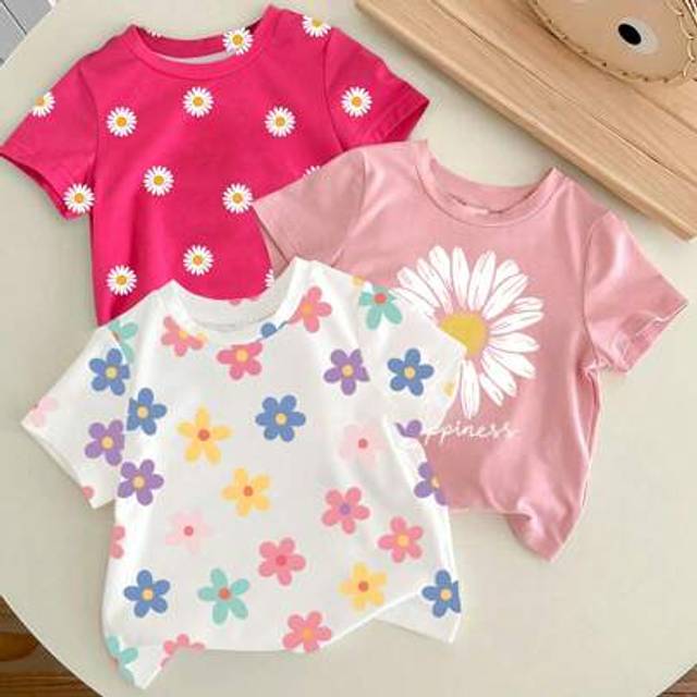 SHEIN 3pcs Young Girls&#39; Casual Floral Print Short Sleeve T-Shirt, Summer Young Girl Summer Outfits Toddler Girl Clothes Summer Young Girls T Shirts Girl Shi