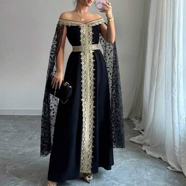 Calvaya 1pc Off-The-Shoulder Floral Embroidered Lace Splice Women Dress