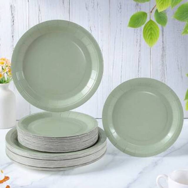 SHEIN 7/9 Inch Sage Green Disposable Paper Plates, Sage Green Disposable Plates For Party, Party Decoration, Disposable Party, Birthday Party, Celebration E
