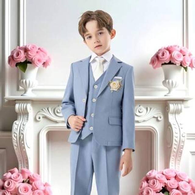 SHEIN 4Pcs Tween Boys Suit Set: Notch Lapel Blazer + Single Breasted Vest + Tailored Pants + Tie, Suitable For Daily Wear, Awards Ceremony, Birthday Party,