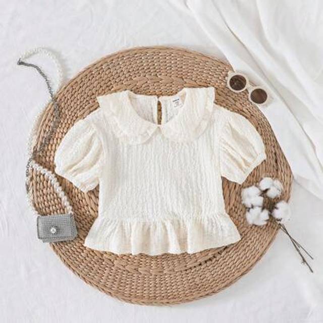 SHEIN Young Girls&#39; Cute Peter Pan Collar Short Sleeve Casual White Blouse Top, Lightweight Fabric For Summer, Suitable For Young Girls Party Dress, Birthday