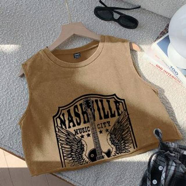 Comfortcana Summer Rave Outfits     Khaki Guitar & Letter Print Crop Tank Top