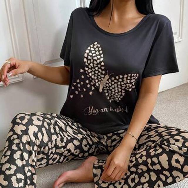 SHEIN Women Leopard Print & Butterfly Short Sleeve Top And Pants Pajama Set, Summer