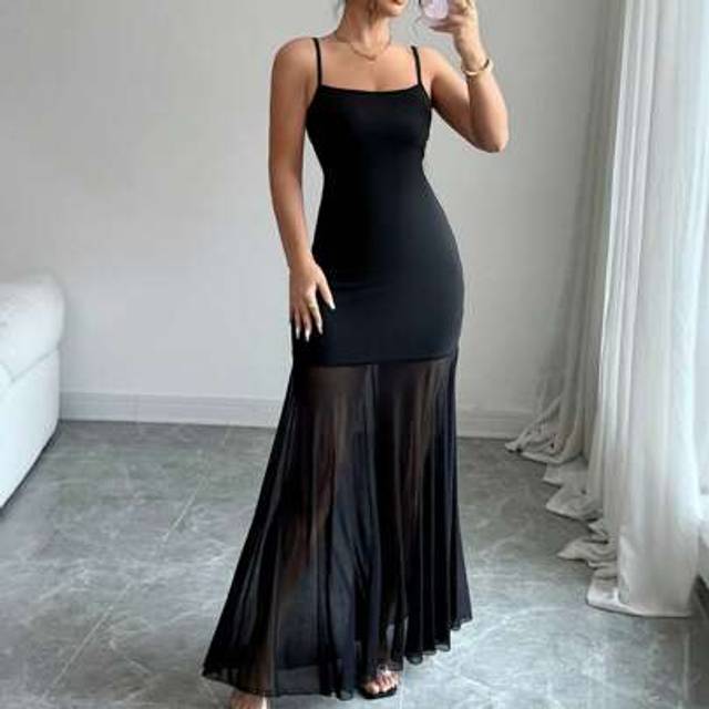 Chiquease Fitted Mesh Patchwork Maxi Fish Tail Sleeveless Slip Dress