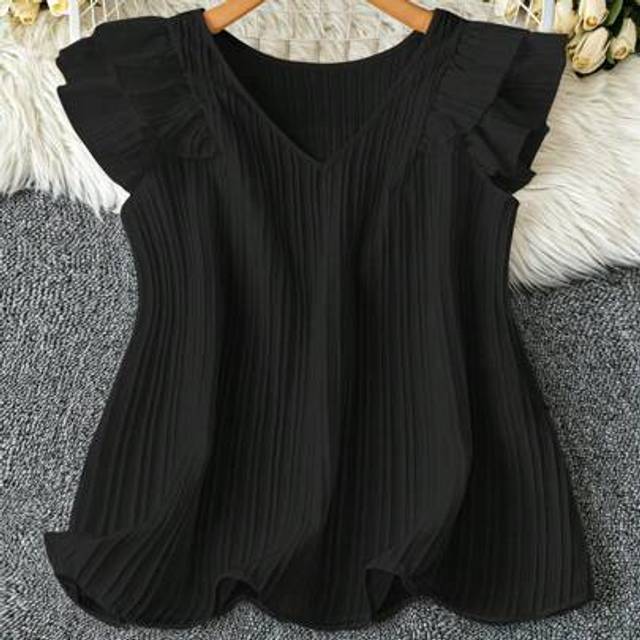 Luneh Plus-Size Women&#39;s Summer Wedding Guest Casual Black Blouse With Double Side Lace Sleeves And V-Neck Design Women Summer Blouse