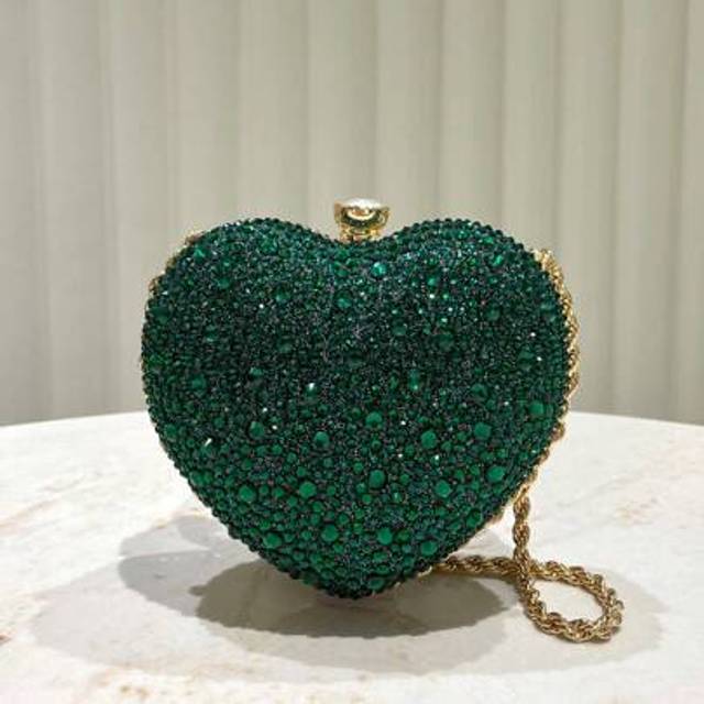 SHEIN 1pc Luxurious Sparkling Emerald Green Rhinestone Heart Shaped Mini Clutch Bag, Adorable Glitter Heart Handbag, Suitable For Women, Weddings, Galas, Pa