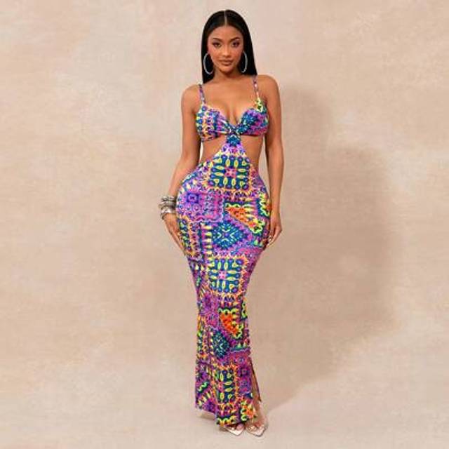 Radiana Women&#39;s & Elegant Bohemian Geometric Print High Slit Hollow-Out Waist Bodycon Maxi Slip Dress, Suitable For Island Vacation/Beach/Casual Outing/Party/
