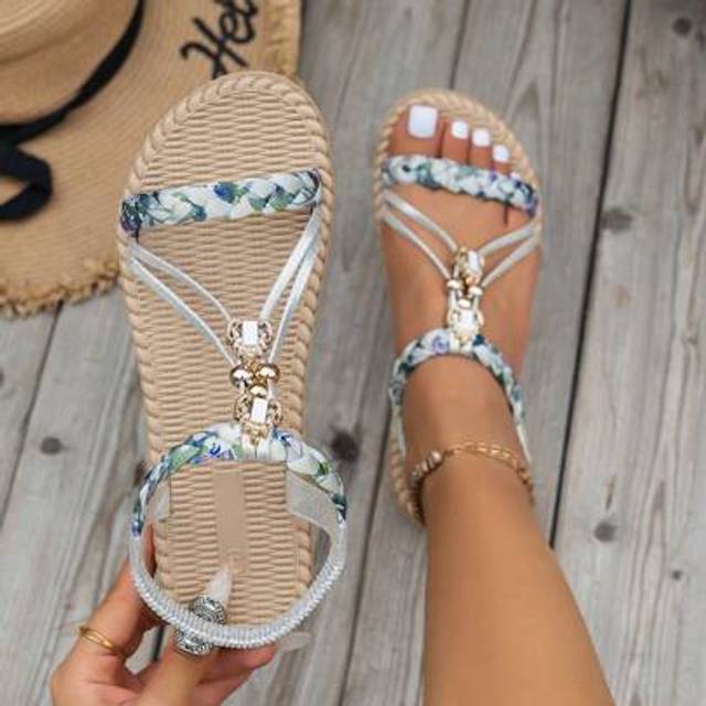 WRCVS Silver Women&#39;s Flat Sandals, Summer Beach Shoes, Woven Design, Non-Slip, Light-Weight, With Straw Rope, Random Floral Print, Bohemian Style, Round Toe