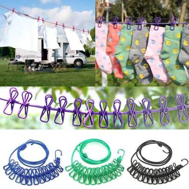 SHEIN 1PC Portable Clothes Clothesline With 12 Clips Retractable Washer Dryer Clothesline Drying Rack Punch-Free Retractable Clothesline. Camping Accessorie
