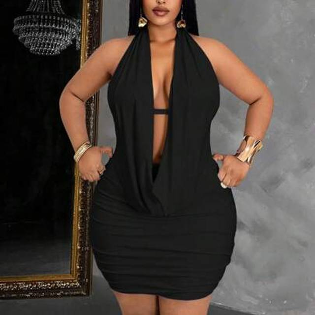 Maweii Plus-Size Lady Solid Color Swing Neck Wrap Hip Summer Fits Prom Mini Dress