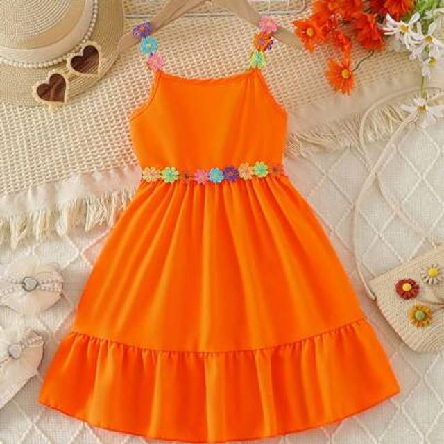 SHEIN Bestseller Girls Dress 2025 New Summer Sweet Style Floral Embroidery Decor Yellow Sleeveless Slip Dress
